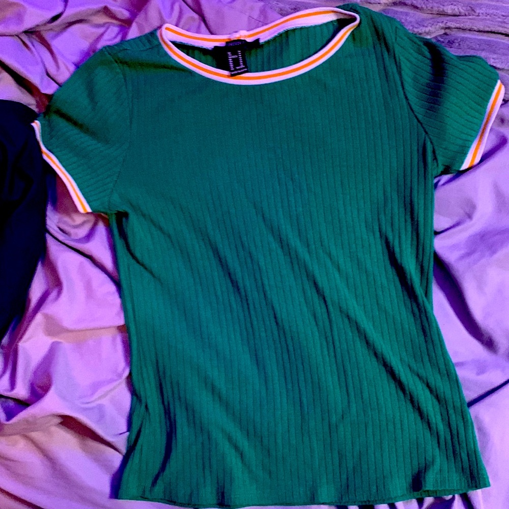 Simple green shirt with yellow and gold stripe.